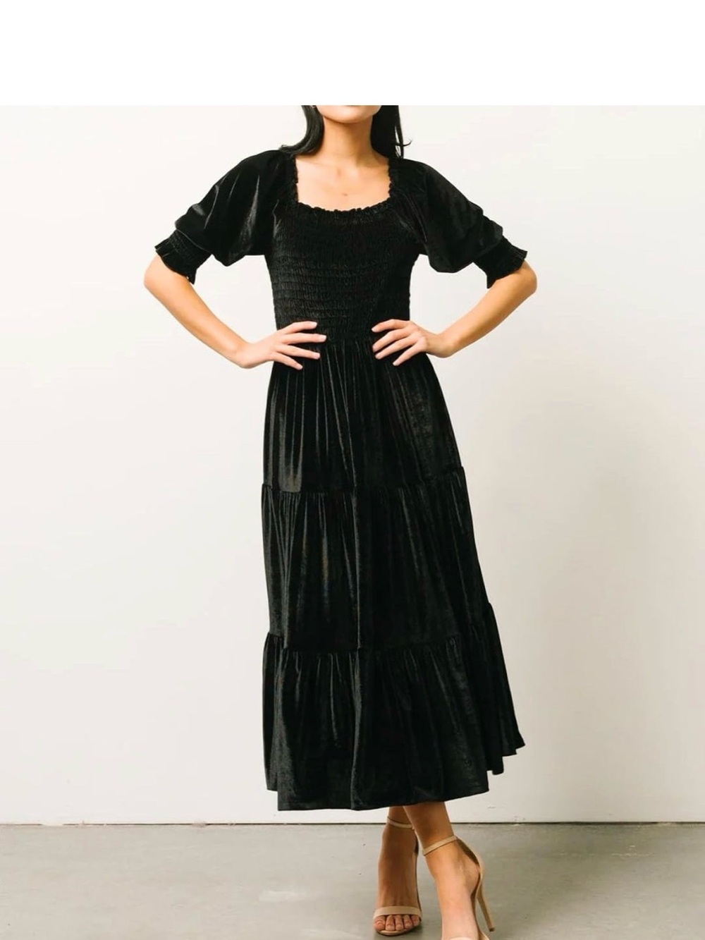 Black Velvet Smocked Maxi Dress with Puff Sleeves